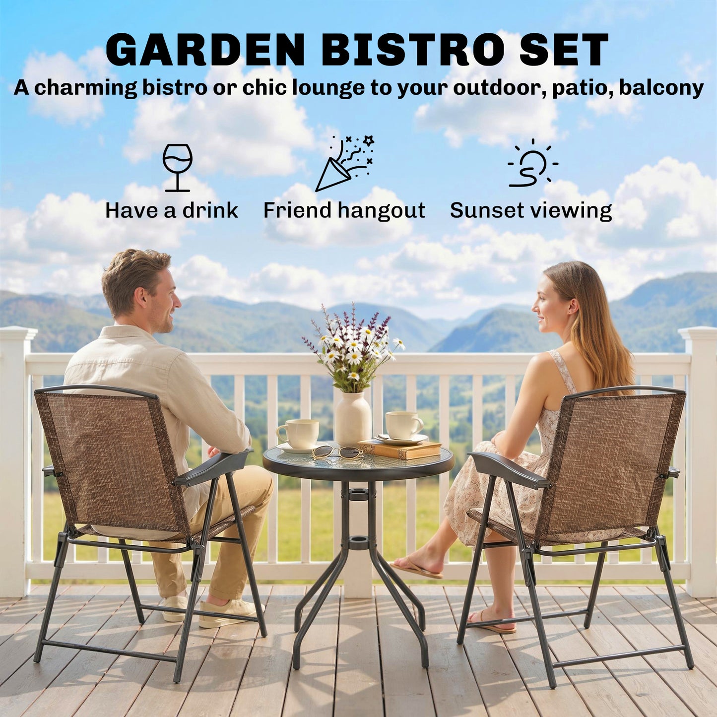 3 Piece Outdoor Bistro Set, Patio Conversation Furniture Set with 2 Folding Backrest Adjustable Armchairs and Glass Top Coffe