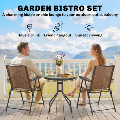 3 Piece Outdoor Bistro Set, Patio Conversation Furniture Set with 2 Folding Backrest Adjustable Armchairs and Glass Top Coffe