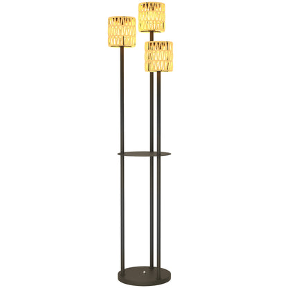 Boho Rattan Floor Lamp, 3-Lights Rattan Lamp with Shelf, Freestanding Solar Garden Light with Auto On/Off Lights