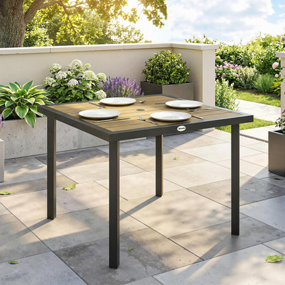 Square Garden Dining Table with 5.4cm Parasol Hole, Slatted Top, Metal Frame, 86 x 86 x 71cm, Brown