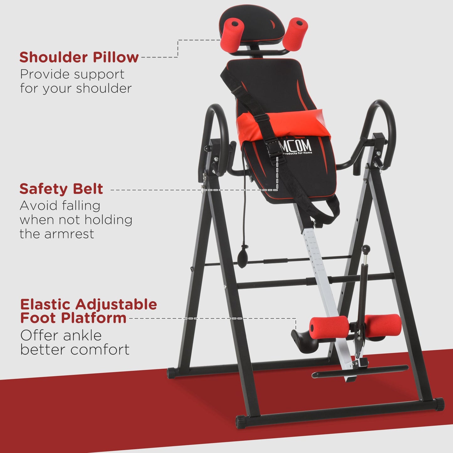 Gravity Inversion Table with Safety Belt Adjustable Hand Stand for Muscle Pain Relief, Red