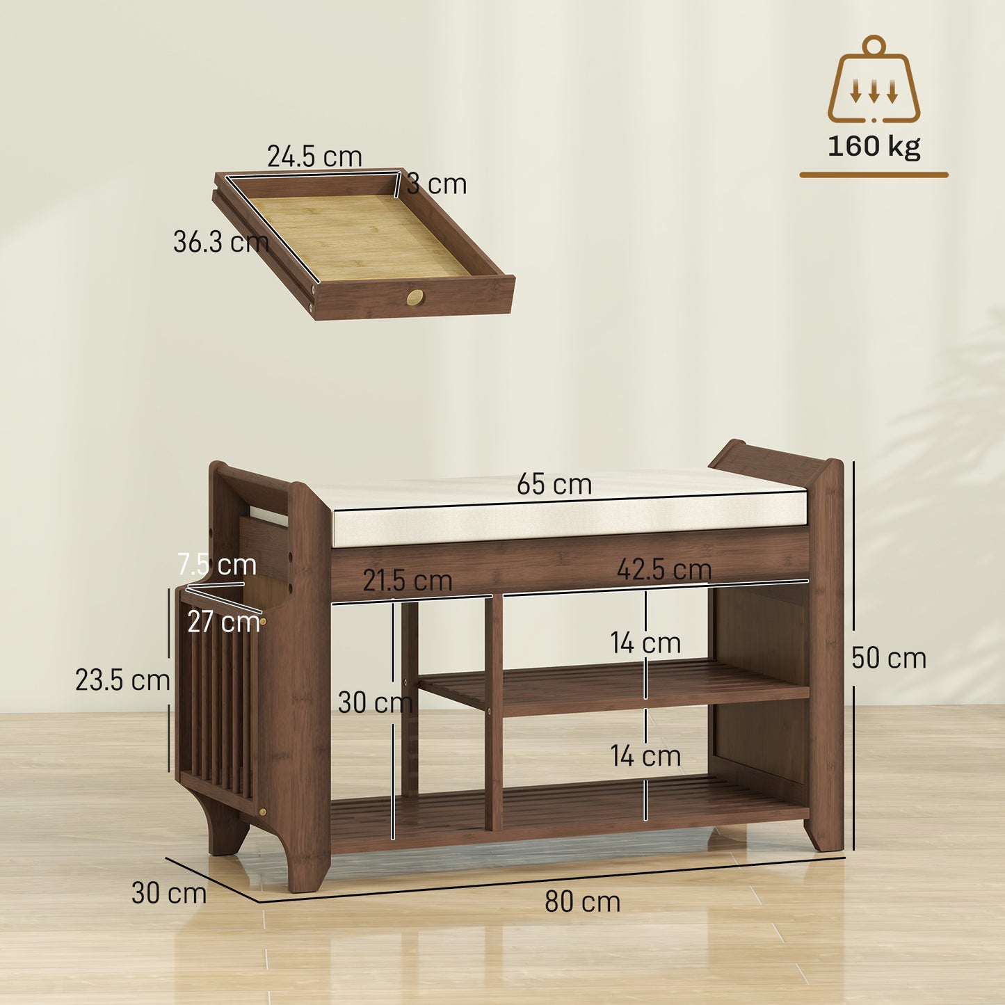 Shoe Bench 2-Tier Boot Section Entryway Storage Bench Cushioned Seat 80 x 30 x 50 cm Dark Brown and Cream