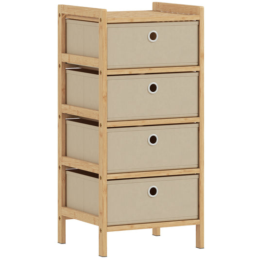 Chest of Drawers, 4 Fabric Drawers Narrow Dresser with Bamboo Frame, Cream White