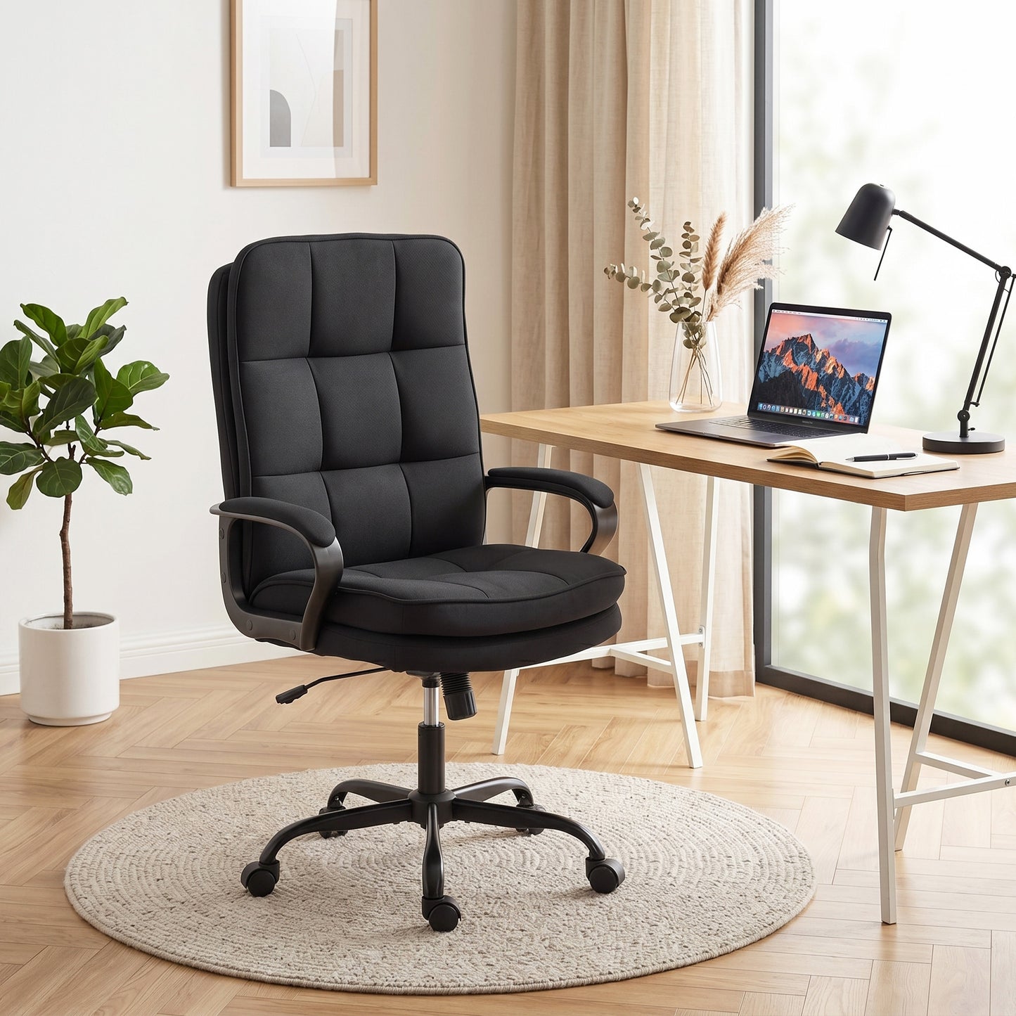 Double Padded Linen-Look Office Chair - Black