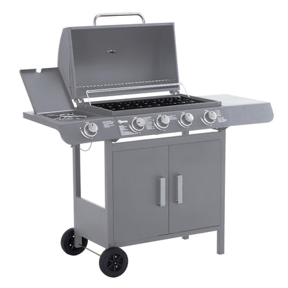 4+1 Burner Gas BBQ Grill, Outdoor Barbecue Trolley with Wheels, Warming Rack, Side Shelves, Cabinet, Thermometer for Garden