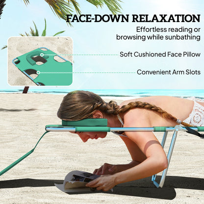5-Position Adjustable Sun Loungers Set of 2 with Reading Hole and Side Pocket, Green