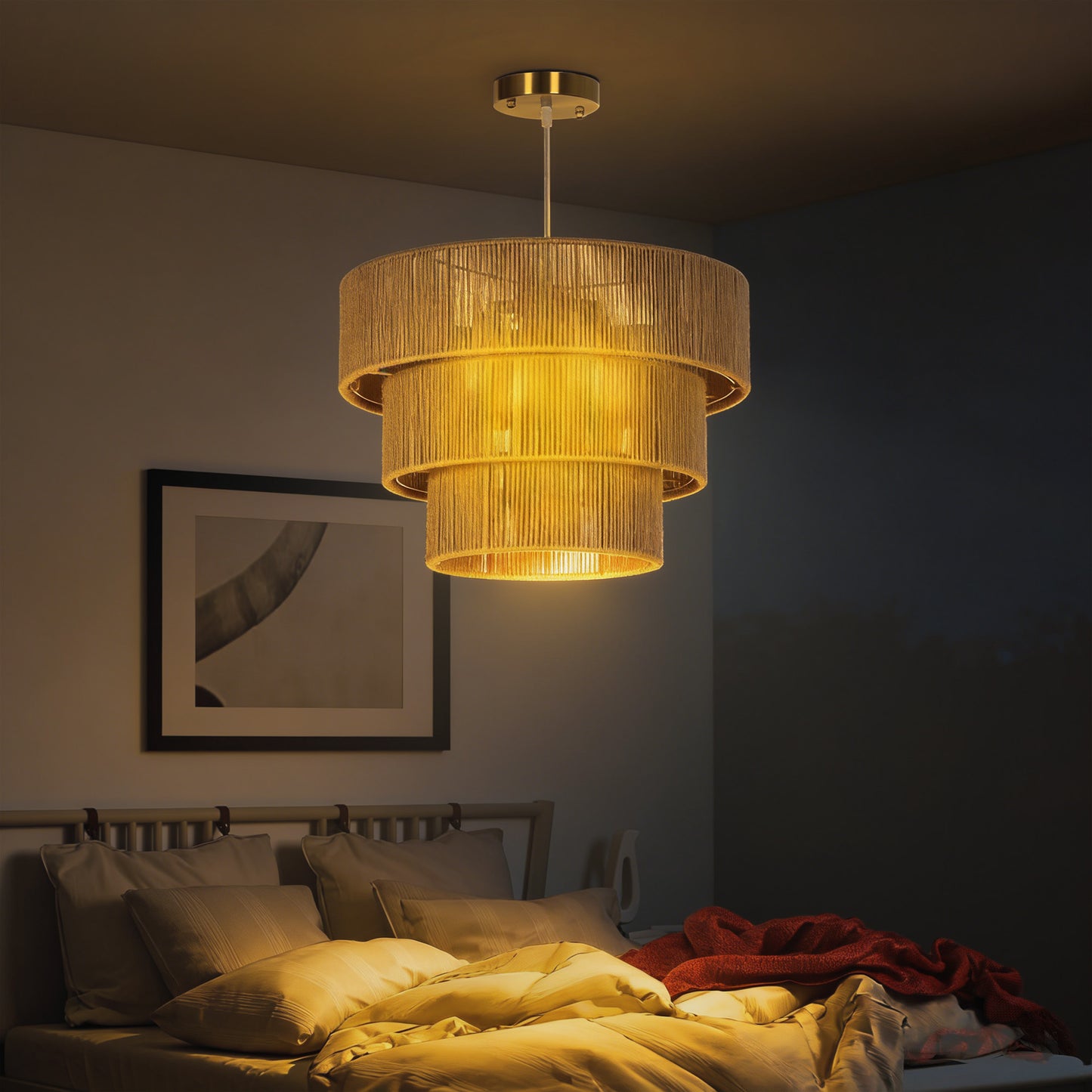 Hemp Rope Ceiling Light, 3-Layer Boho Pendant Light, 4 x E14 Vintage Ceiling Lamp Fixtures for Living Room, Bedroom, Kitchen