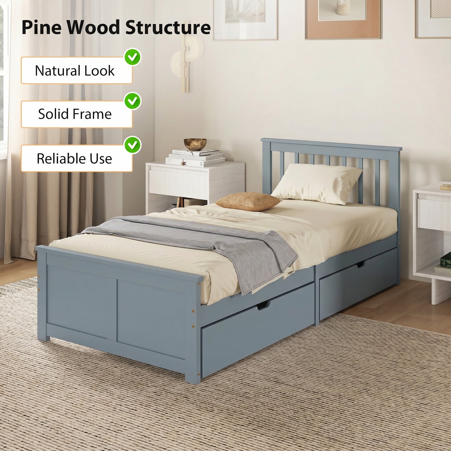 Pine Storage Bed, 3ft Single Solid Wooden Bed Frame with Drawers, Headboard, Wood Slat Support, Grey