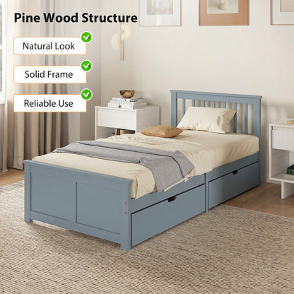 Pine Storage Bed, 3ft Single Solid Wooden Bed Frame with Drawers, Headboard, Wood Slat Support, Grey
