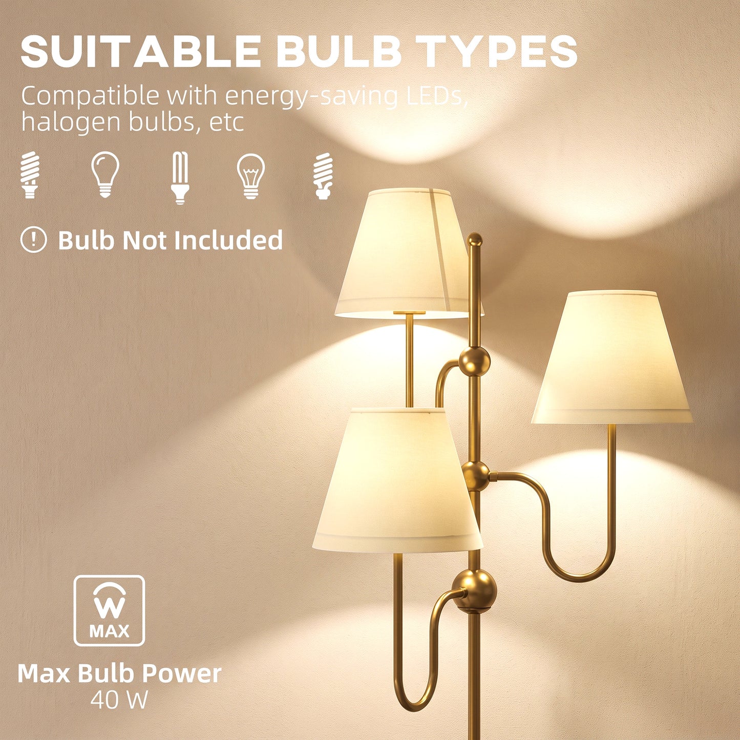 Floor Lamp, 165 cm Tall Standing Lamp with 3 Light and Foot Switch for Living Room, Bedroom, Bedside, Office