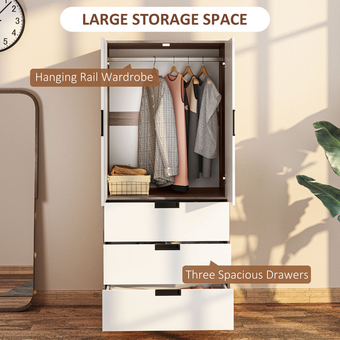 Modern Clothes Storage Cupboard Unit, 3 Drawer 2 Door Wardrobe with Hanging Rod, White/Brown