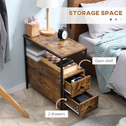 Side Table, Narrow Bedside Table with 2 Drawers and Storage Shelf, Industrial End Table with Metal Frame for Small Spaces