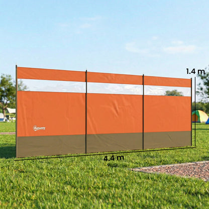 Camping Windbreaker with Clear Windows, Carry Bag and Steel Poles, for Beach Caravan Campervan, 440 x 140cm, Orange