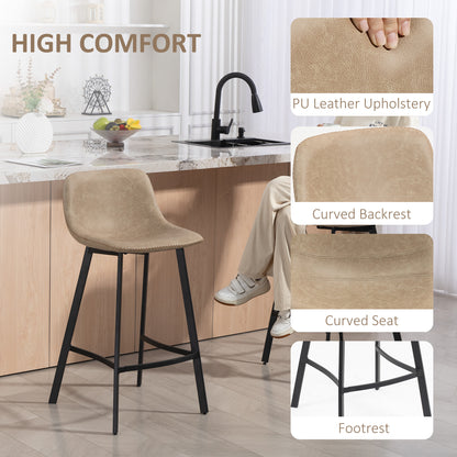 Bar Stools Set of 2, PU Leather Dining Stools with Backrest, Footrest, for Kitchen, Counter, Breakfast Bar, Light Brown