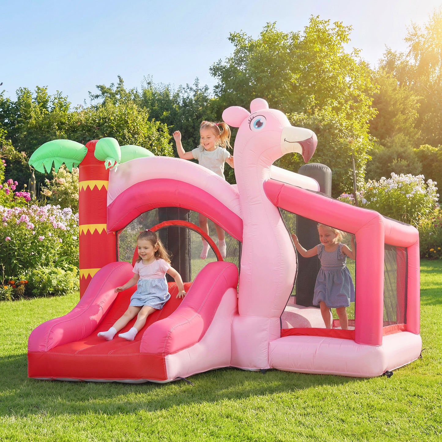 Inflatable Bounce House for Kids with Slide, Ball Pit, Basketball Hoop and Blower for Indoor Outdoor Garden, Pink
