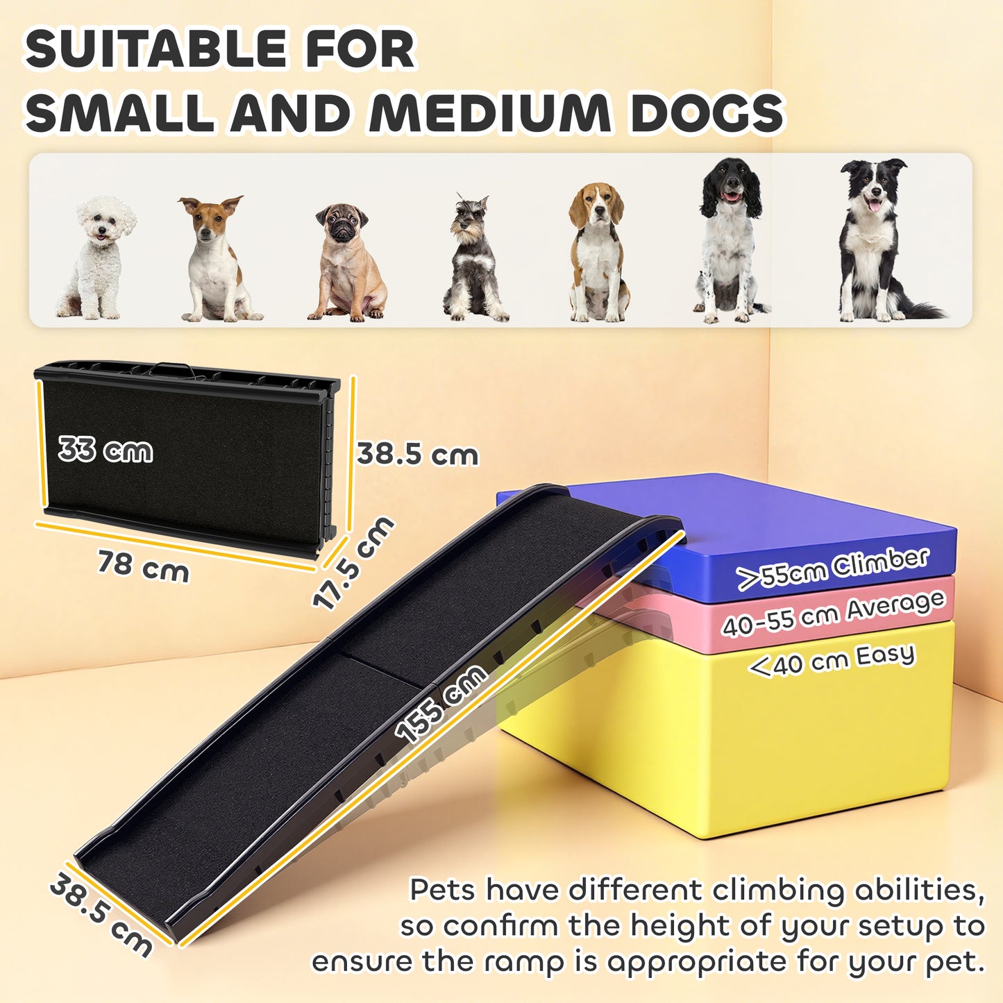 Foldable Dog Ramp with Frosted Anti-slip Surface, Portable & Lightweight, for Cars, Home, 155 x 38.5 x 15.5 cm