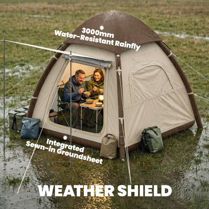 Inflatable Camping Tent with Rainfly, 3 Man Air Tent 3000mm Waterproof Blow Up Tents, Cream