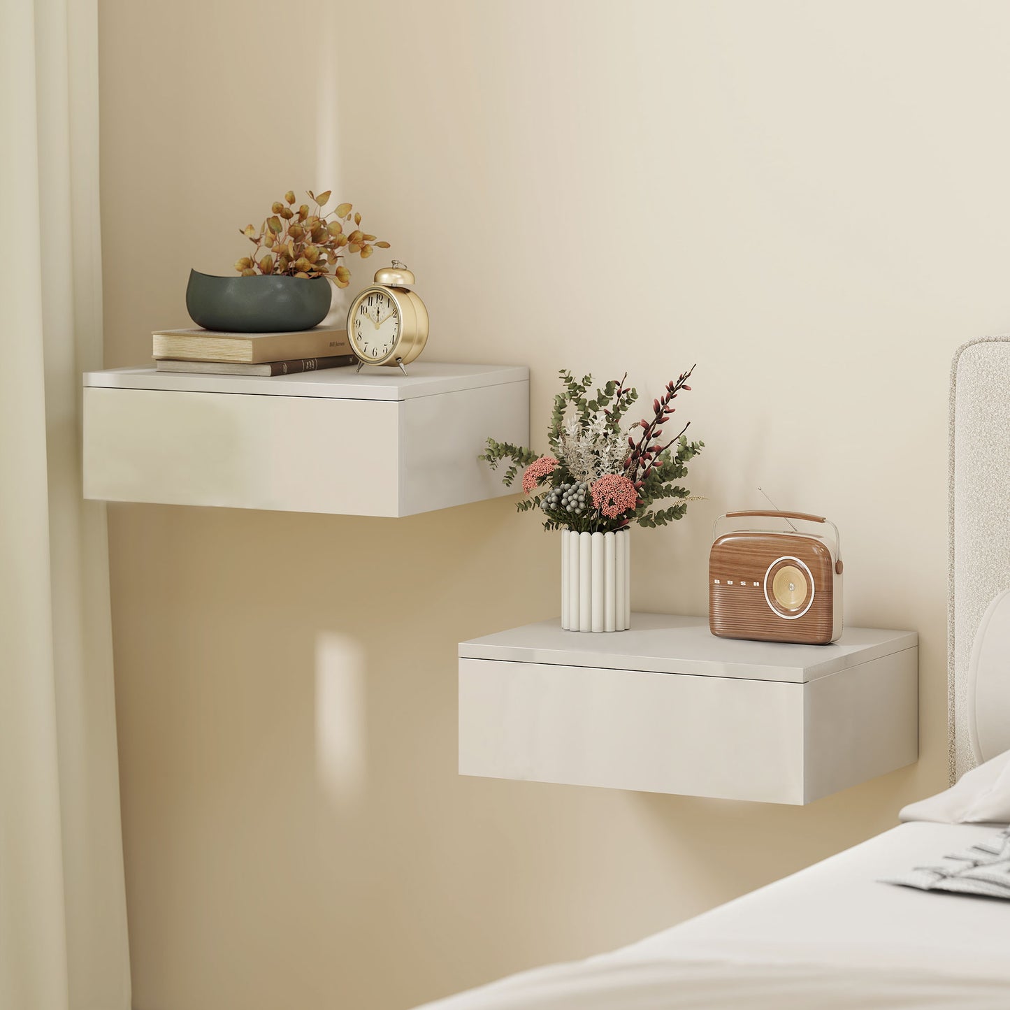 Floating Bedside Table Set of 2, Wall-Mounted Nightstand with High Gloss Finish & Storage Drawer, White