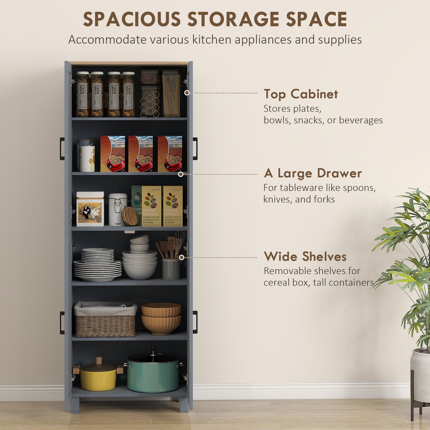Freestanding Kitchen Cupboard, 4-Door Storage Cabinet with Adjustable Shelves, Modern Kitchen Pantry, 170cm, Grey