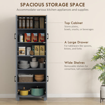 Freestanding Kitchen Cupboard, 4-Door Storage Cabinet with Adjustable Shelves, Modern Kitchen Pantry, 170cm, Grey
