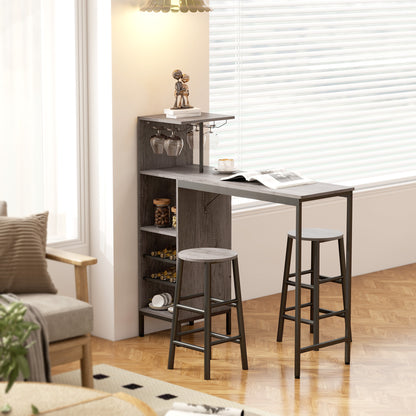 3 Pieces Dining Room Set, 2 Round Stools with Footrest, 6-Tier Dining Table with Storage Shelves, Natural