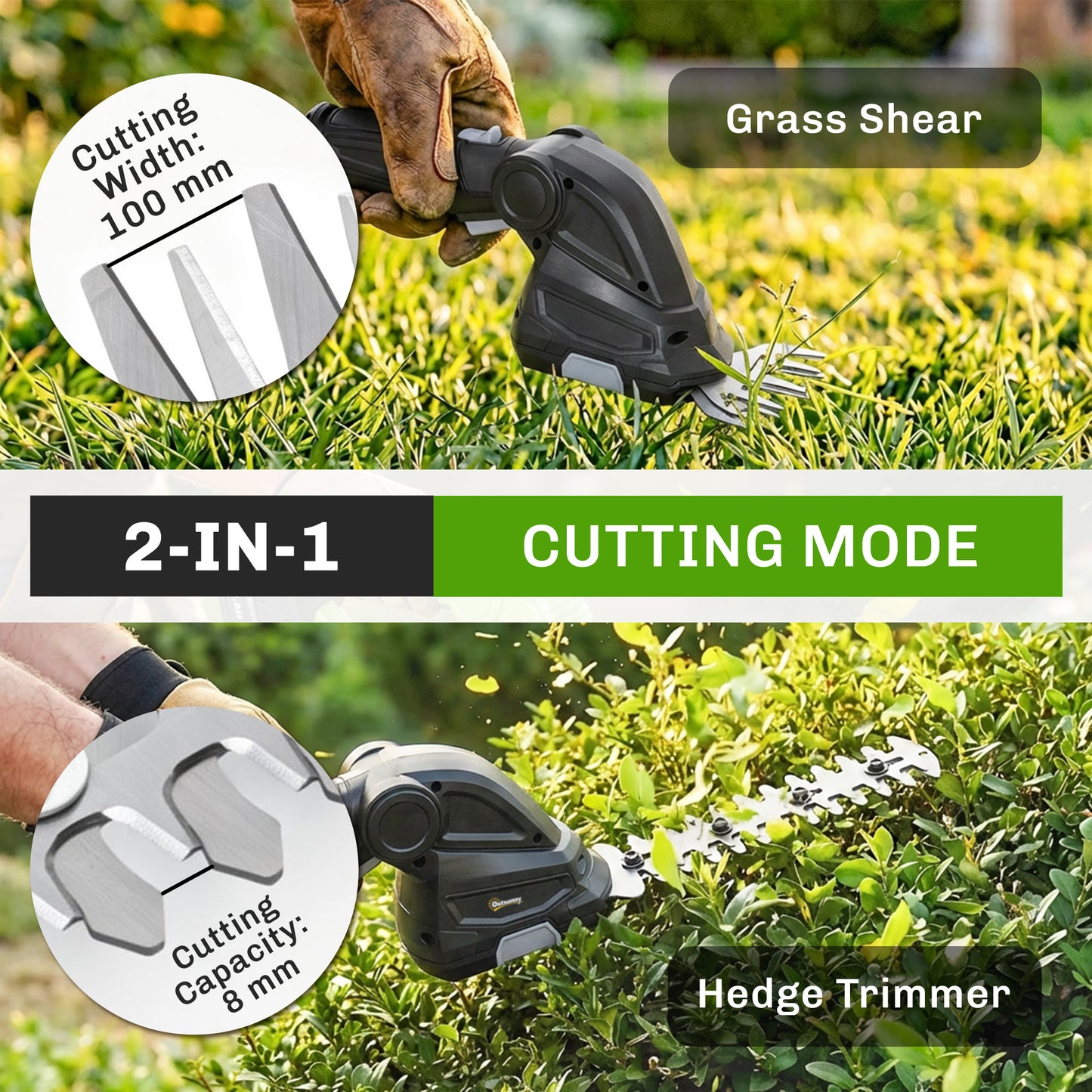 2-in-1 Cordless Hedge Trimmer & Grass Shear with 7.2V 2 x Rechargeable 2000mAh Batteries, 2 Changeable Blades