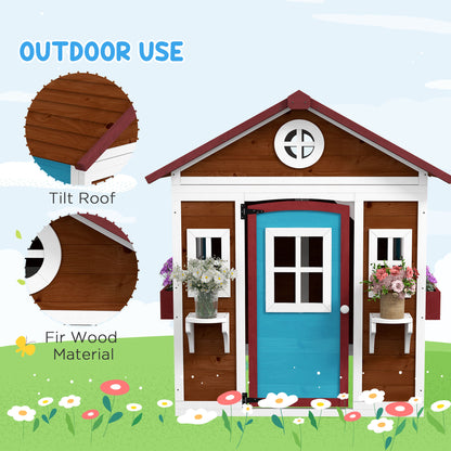 Wooden Playhouse with Doors, Windows, Plant Pots, Boxes, for 3-8 Years - Dark Brown