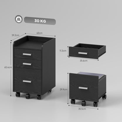 3 Drawer Filing Cabinet, Rolling File Cabinet with Edged Top for Letter, A4 Size, Hanging File Folders, Black
