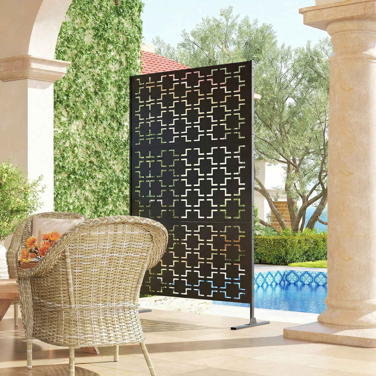 Metal Decorative Privacy Screen Outdoor Divider, Black Grid