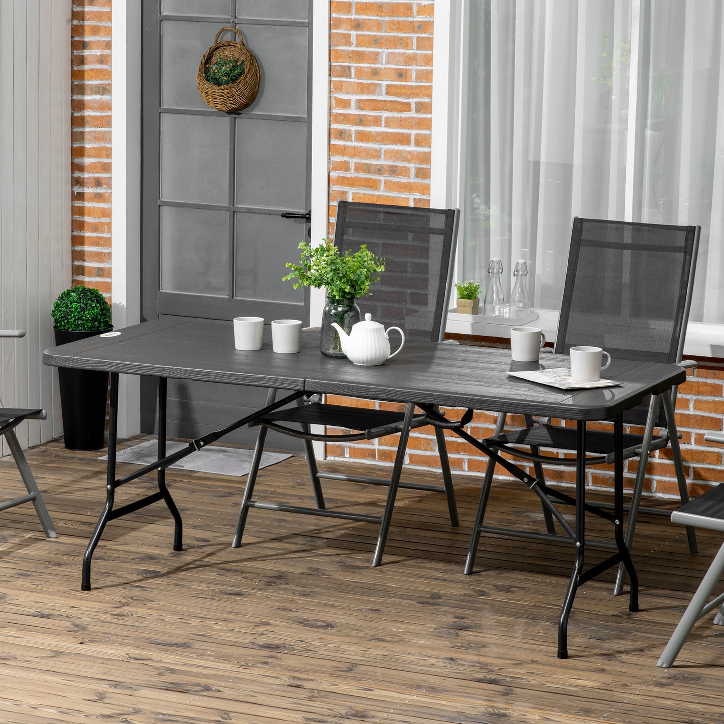 Folding Garden Dining Table for 6, Rectangular Outdoor Dining Table with HDPE Tabletop, Foldable Garden Table