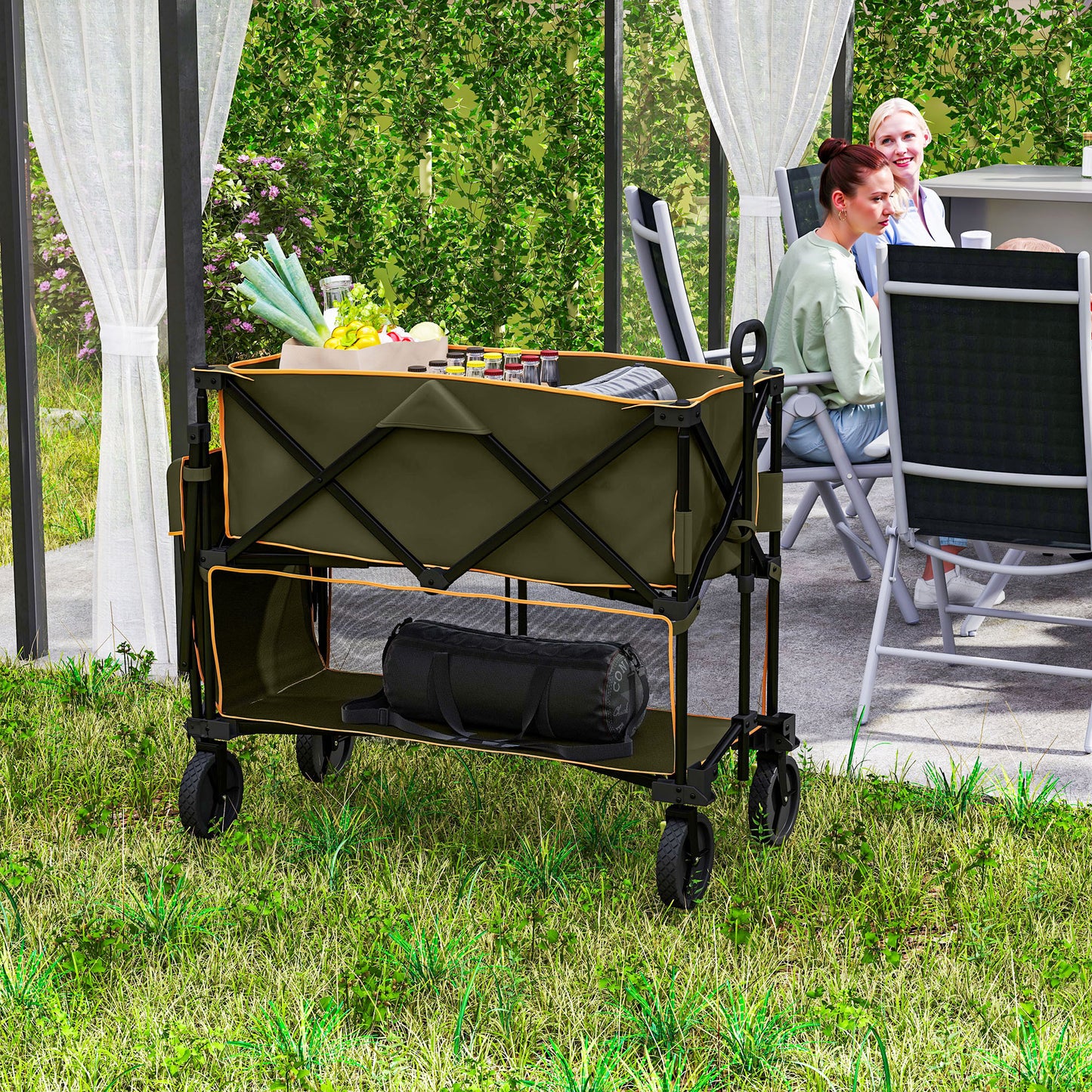 Double Decker Folding Festival Trolley on Wheels, 200KG & 350L Capacity Collapsible Wagon Festival Trolley Cart