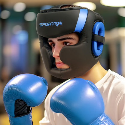 Boxing Headguard w/ Adjustable Strap for Sparring, Kickboxing, MMA, Blue/Black