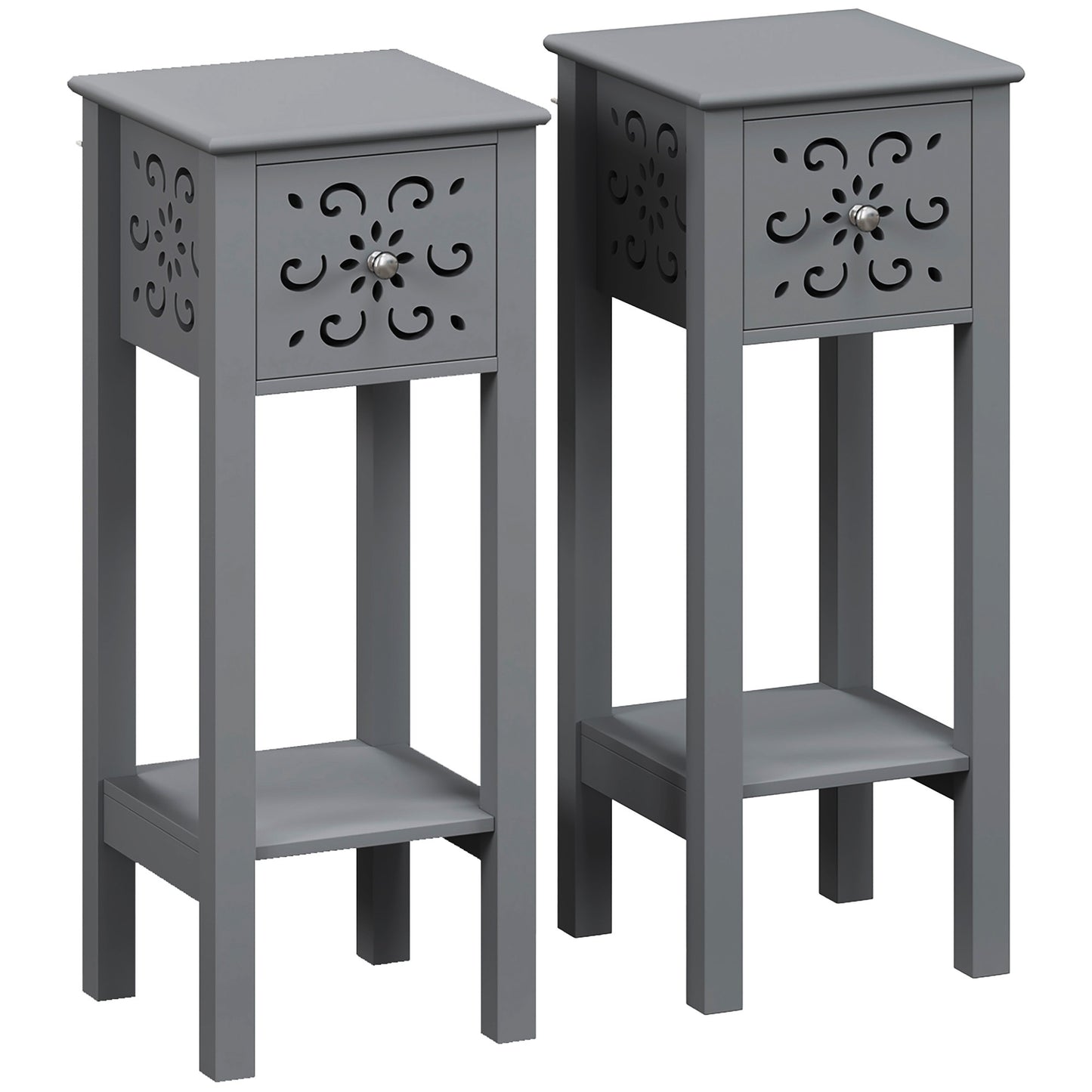 Set of Two Elegant Floral Cut-Out Side Tables - Grey