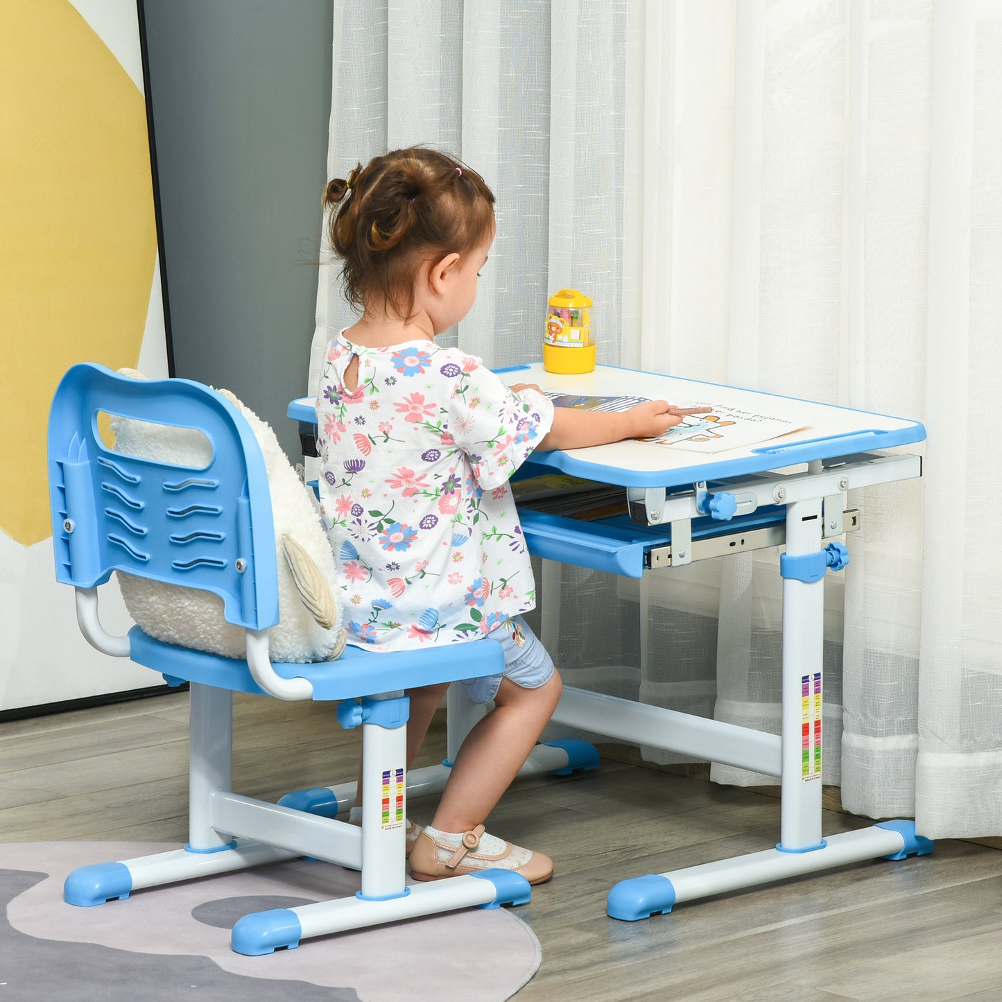 Kids Desk and Chair Set, Height Adjustable Student Writing Desk, Children School Study Table with Tiltable Desktop, Drawer