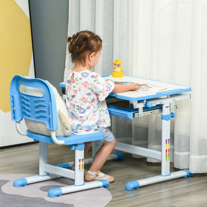 Kids Desk and Chair Set, Height Adjustable Student Writing Desk, Children School Study Table with Tiltable Desktop, Drawer