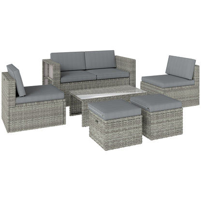 6 Piece Rattan Garden Furniture Set Loveseat, Chairs, Table, Footstools, Dark Grey