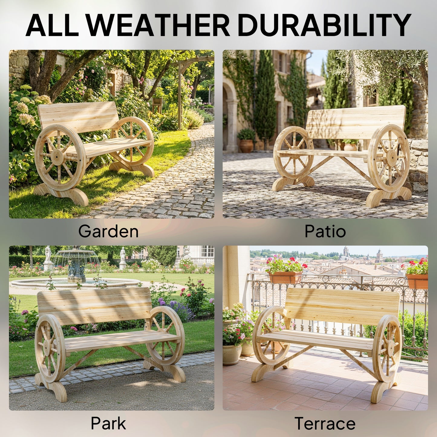 Fir Wood 2-Seater Outdoor Garden Wagon Wheel Bench, Natural Wood Finish