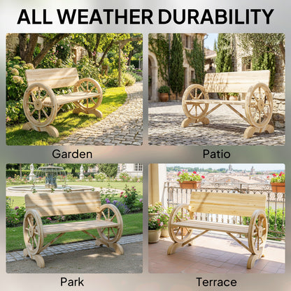 Fir Wood 2-Seater Outdoor Garden Wagon Wheel Bench, Natural Wood Finish