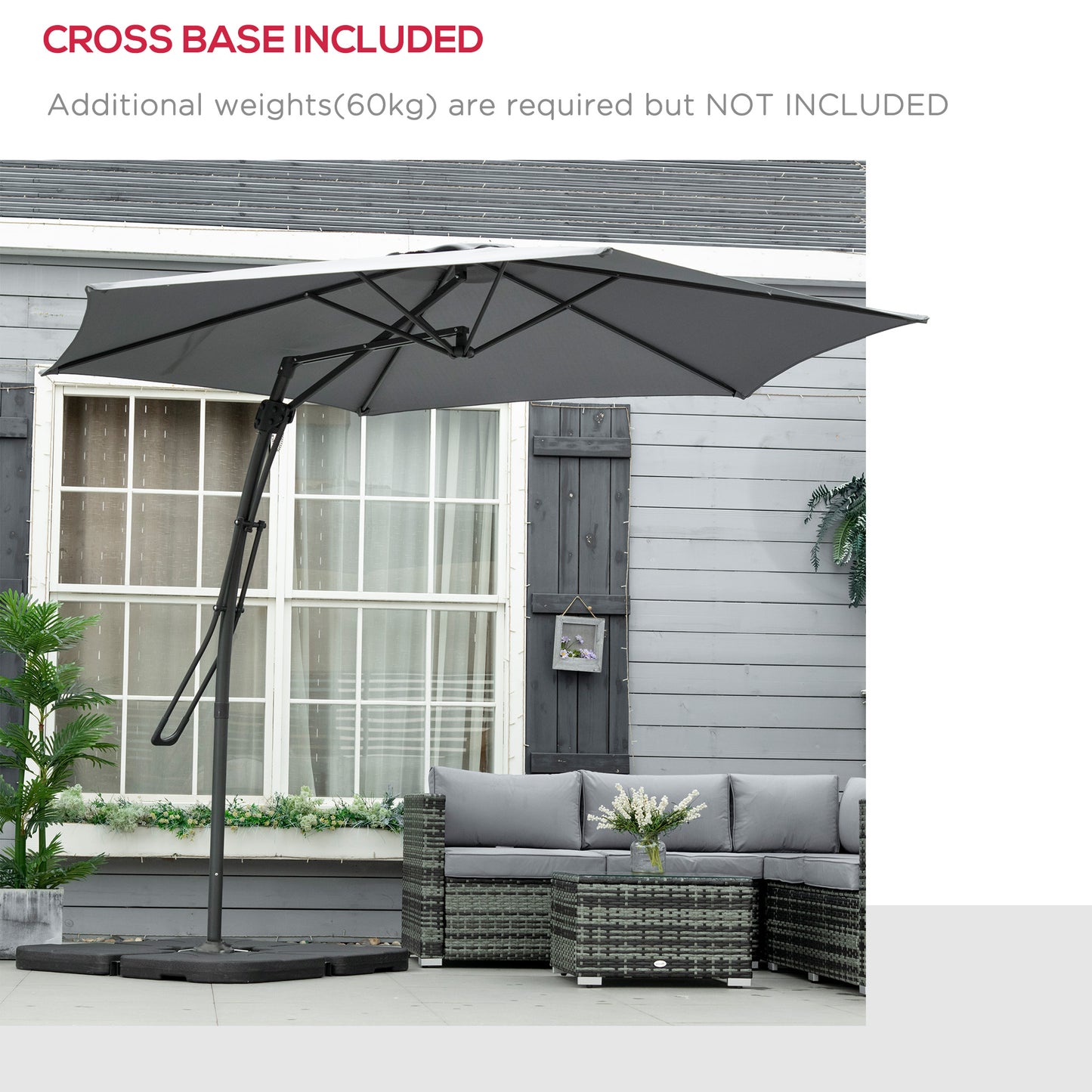 3m Cantilever Parasol with Easy Lever, Patio Umbrella with Crank Handle, Cross Base and 6 Metal Ribs