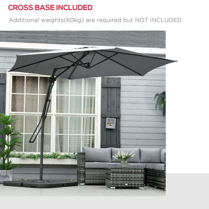 3m Cantilever Parasol with Easy Lever, Patio Umbrella with Crank Handle, Cross Base and 6 Metal Ribs