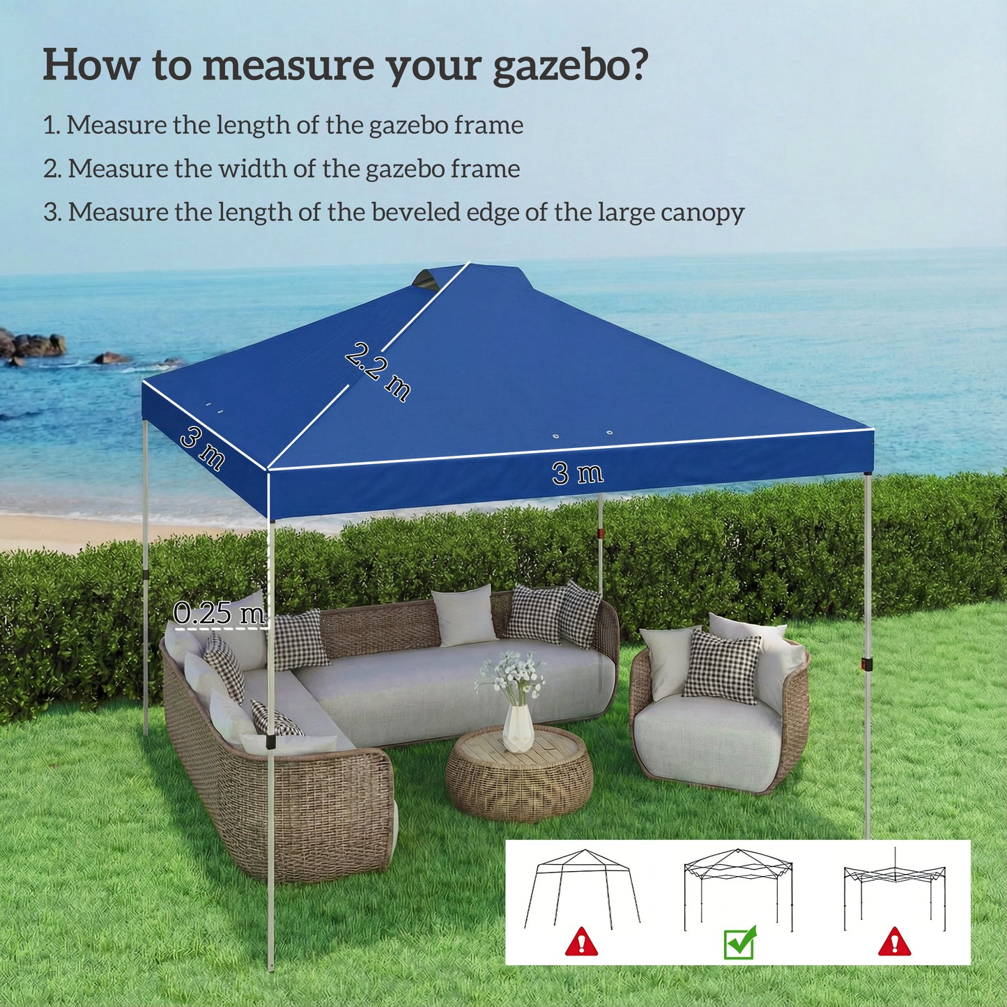 Gazebo Roof Replacement UV50+ Waterproof Pop Up Canopy Cover with 8 Drainage Holes 3 x 3 m Blue