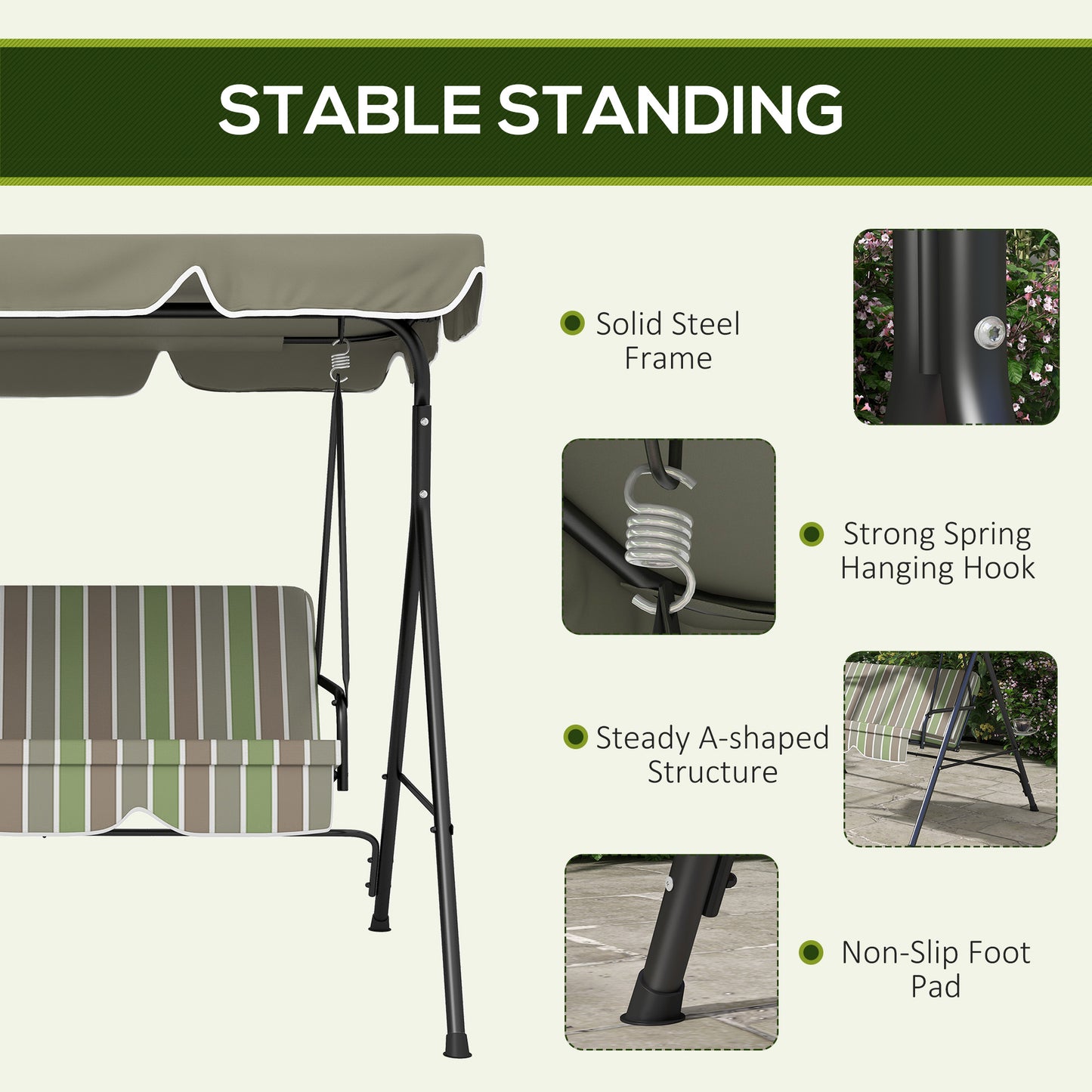 Three-Seater Garden Swing Chair, with Adjustable Canopy - Green