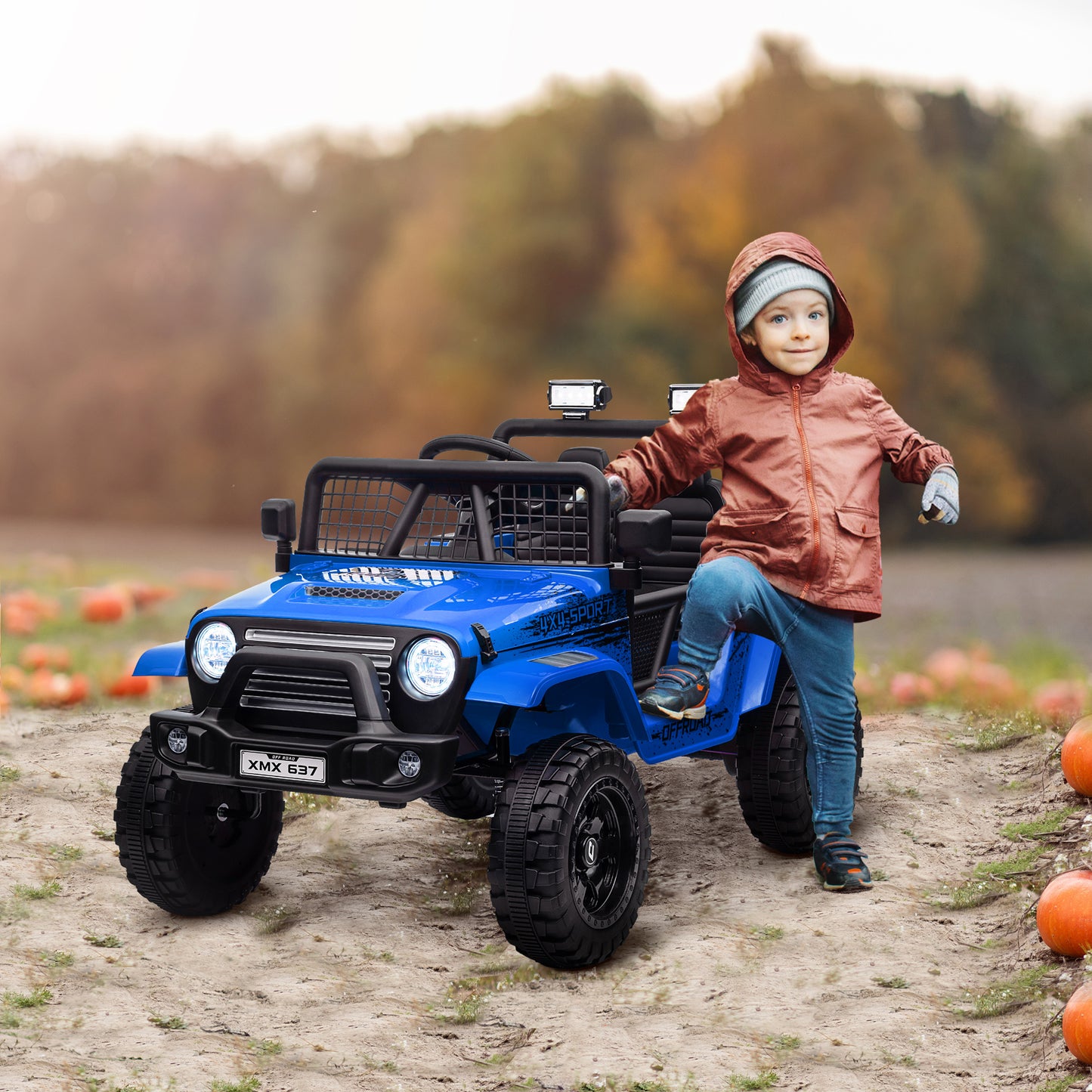 12V Battery Powered Kids Ride-On Car, Electric Truck w/ Spring Suspension, Remote, Music, Horn, Lights, Blue