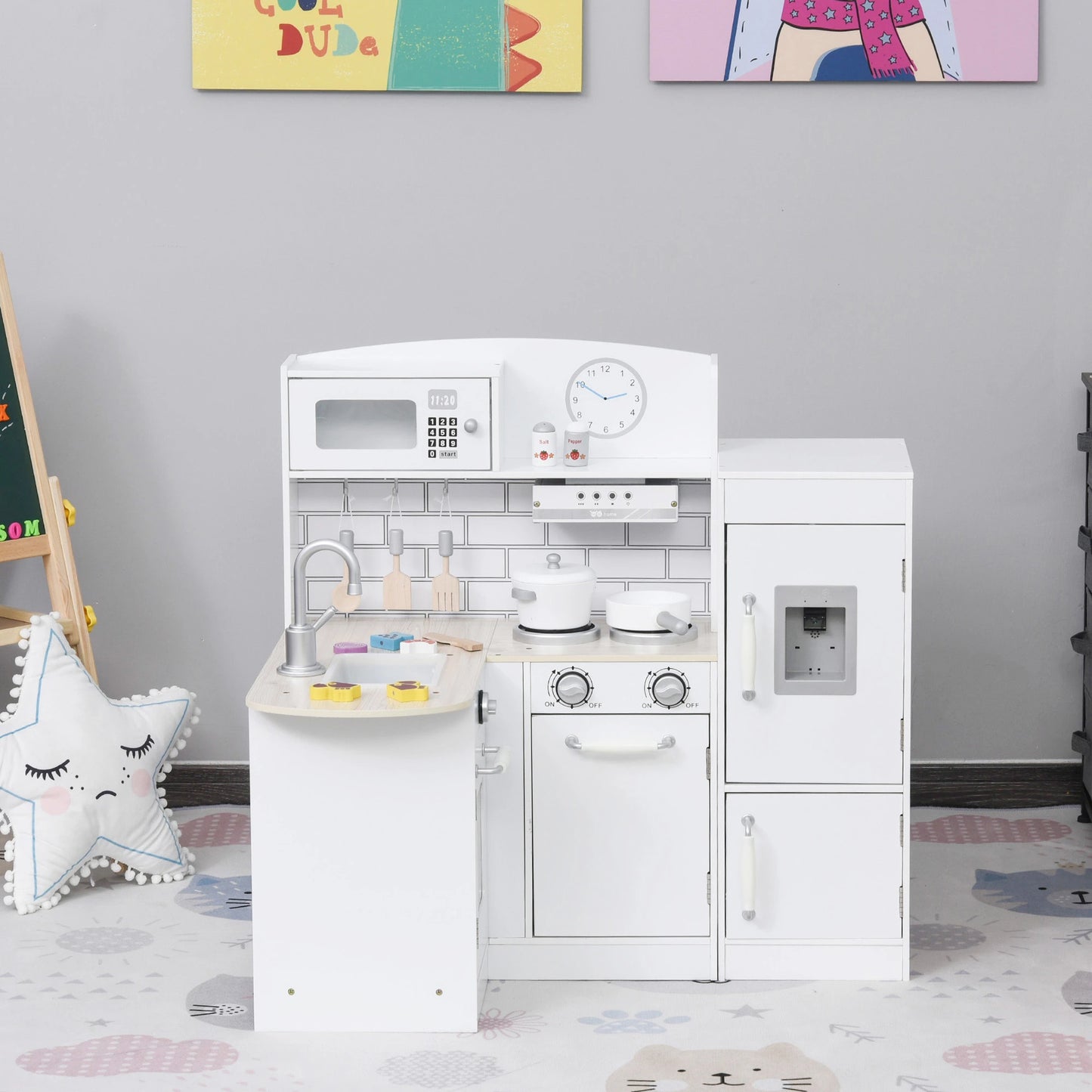 Kids Kitchen Playset with Tap, Fridge and Microwave - White