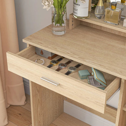 Vanity Mirror Dressing Table with Open Style Shelving and 2-Storage Sections - Maple Wood Effect