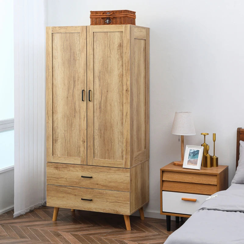 Wooden Wardrobe with Wood Panel Outline and 2 Underneath Pull Out Drawers