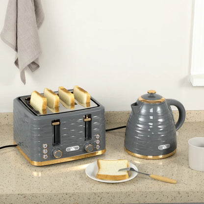 Kettle (1.7L) and Toaster Set with 7 Browning Controls and Crumb Tray (4 Slice) - Grey / Gold