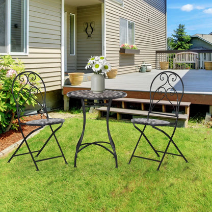 3-Piece - Metal Frame Garden Bistro Set with Mosaic Seat and Table Tile Top - Coffee Table and 2 Folding Chairs