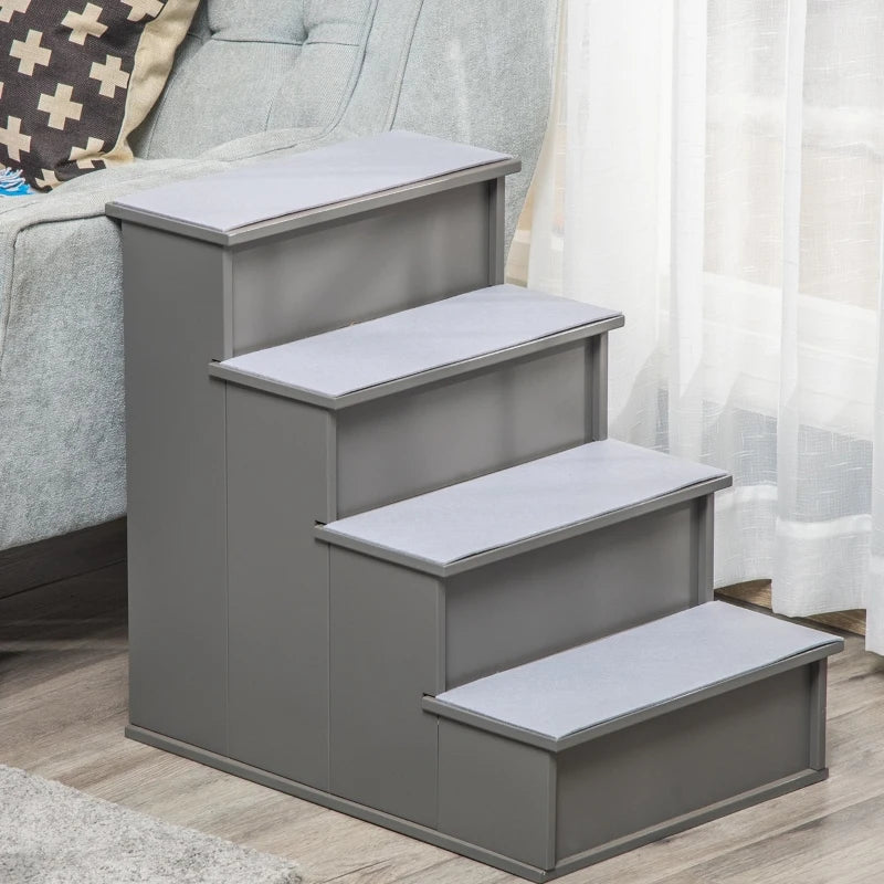 Wooden 4-Step Pet Stairs / Ladder with Anti Slip Carpet Mats - Grey