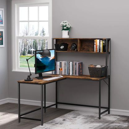 L-Shaped Industrial Style Office Desk with Storage Shelf